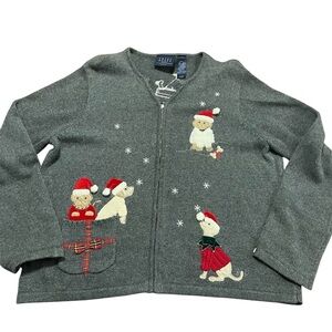 Festive Christmas Cardigan Embroidered Dogs Size XL Petite Winter Holiday Snow